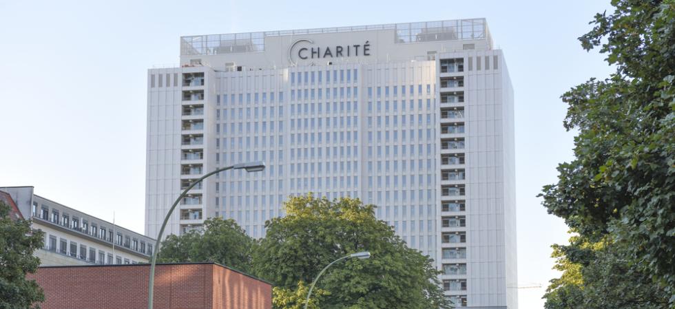 View of the Charite high-rise hospital building in Berlin Mitte